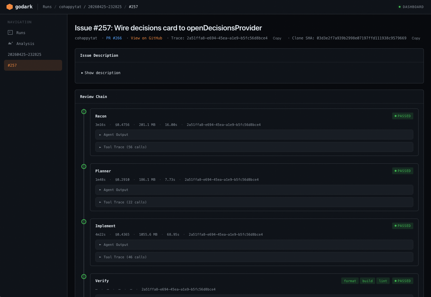 Dark Factory dashboard showing issue #257 review chain with Recon, Planner, Implement, and Verify agents all passing
